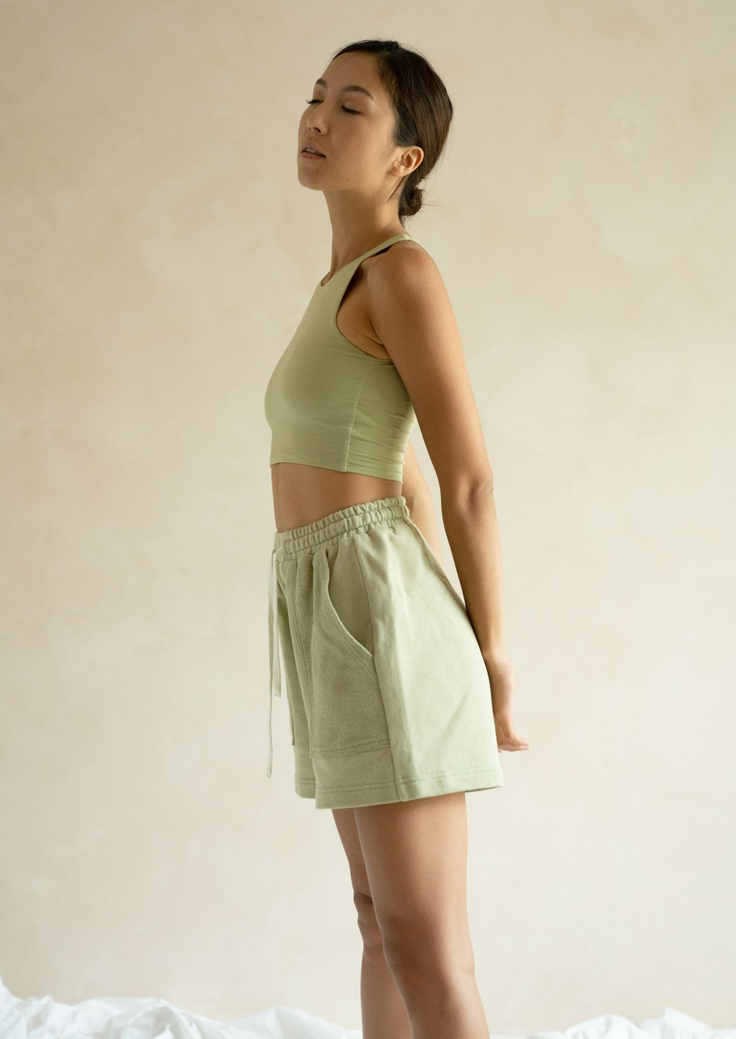 Women's high waisted jogger style shorts light green