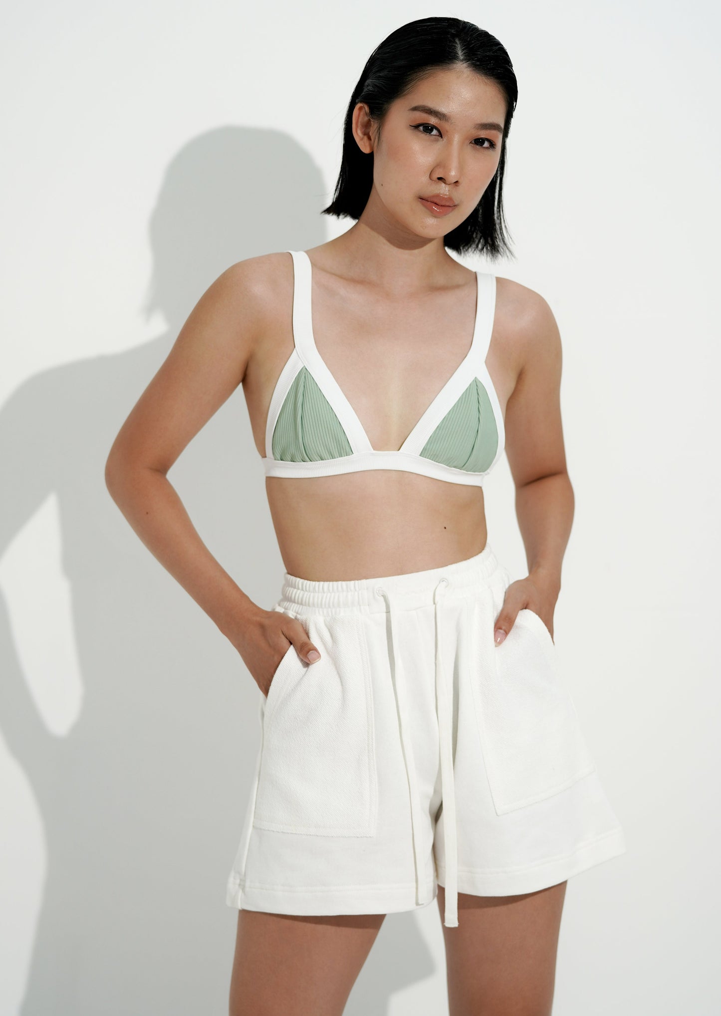 Wide strap triangle bikini top light green eco rib
