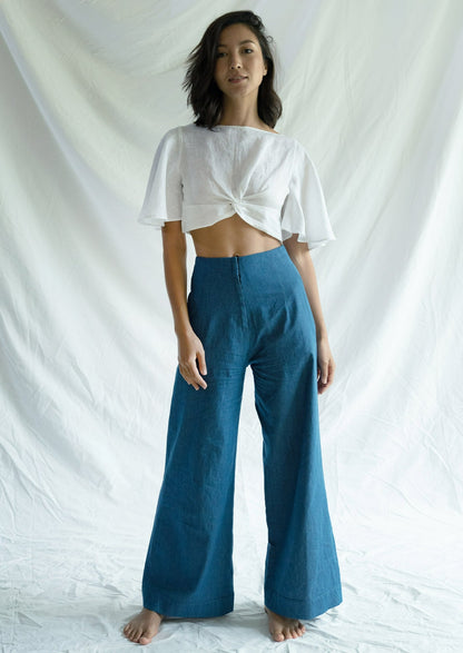 High-waist long straight denim cotton pants