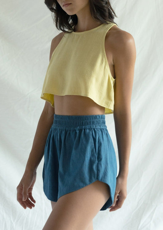 Women's round neck sleeveless crop tank top yellow