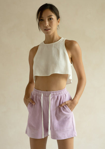 Women's high waisted jogger style shorts lilac