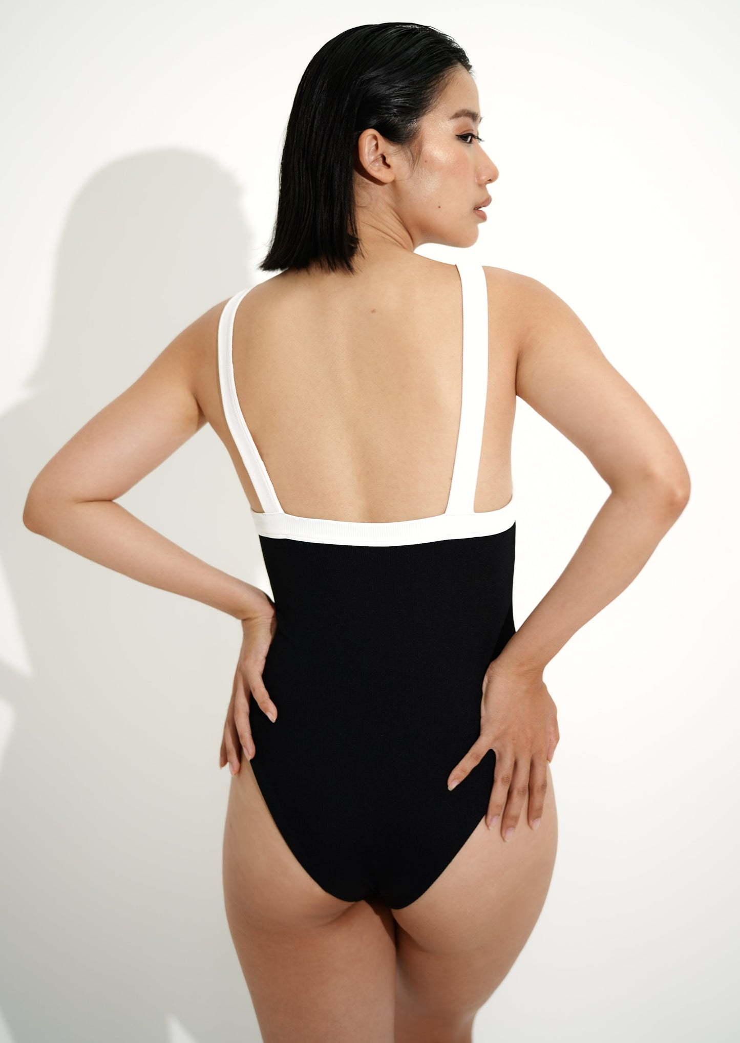 Square neckline black sustainable swimsuit with wide shoulder strap