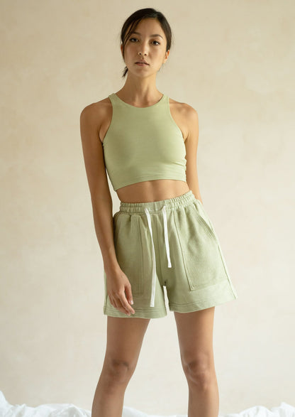 Women's high waisted jogger style shorts light green