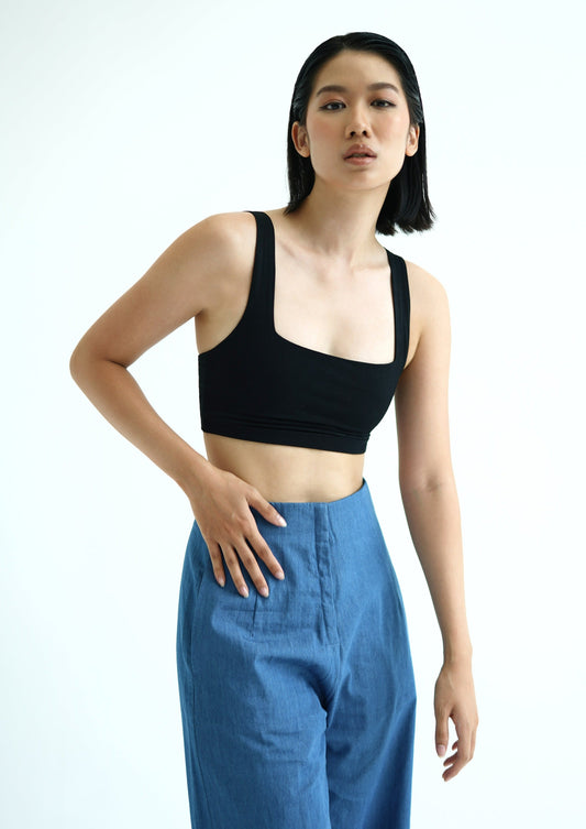 Square neckline wide strap crop top black