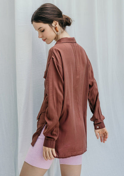 Women's long sleeve oversized with pocket brown shirt