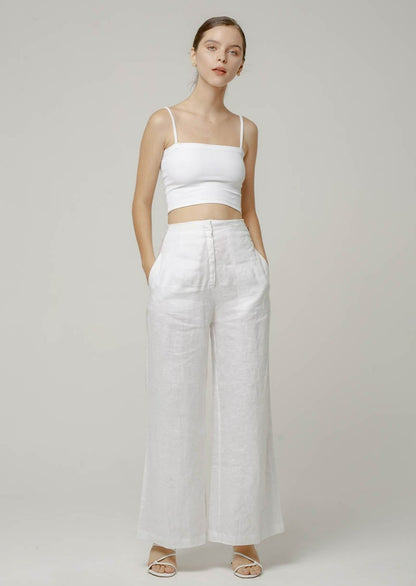 High-waist long straight linen pants off-white