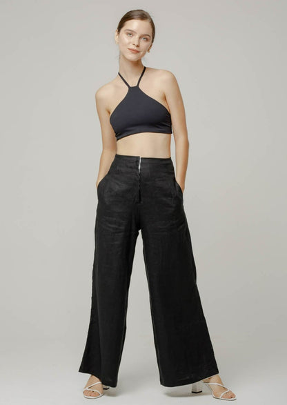 High-waist long straight linen pants black