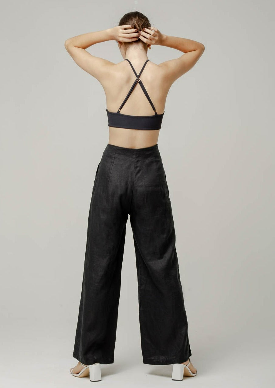 High-waist long straight linen pants black | Sustainable fashion 2023