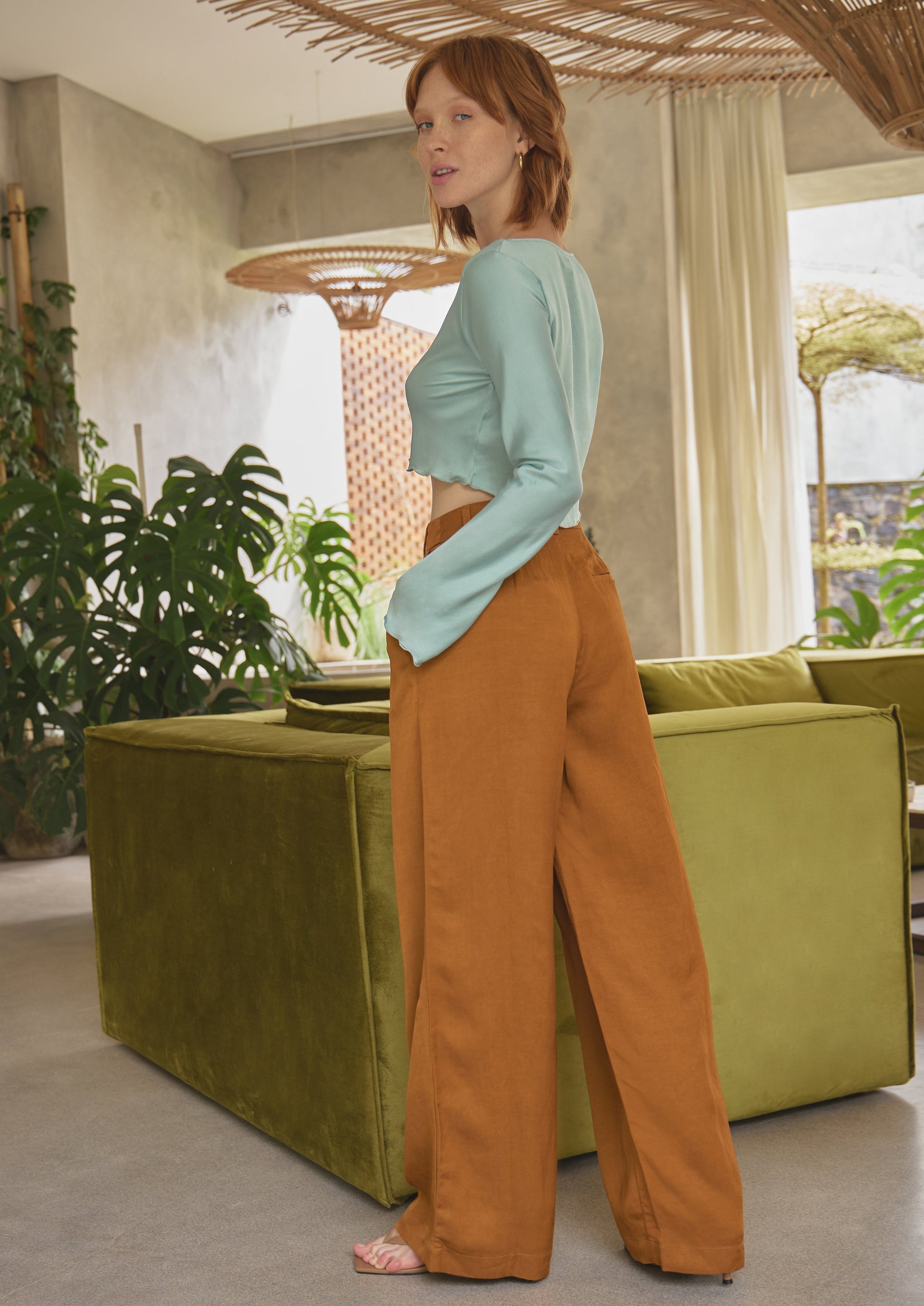 Women's luxury high waisted wide long pants brown