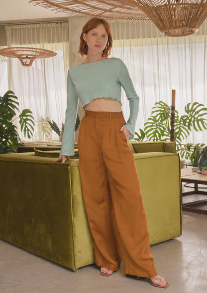 Women's luxury high waisted wide long pants brown