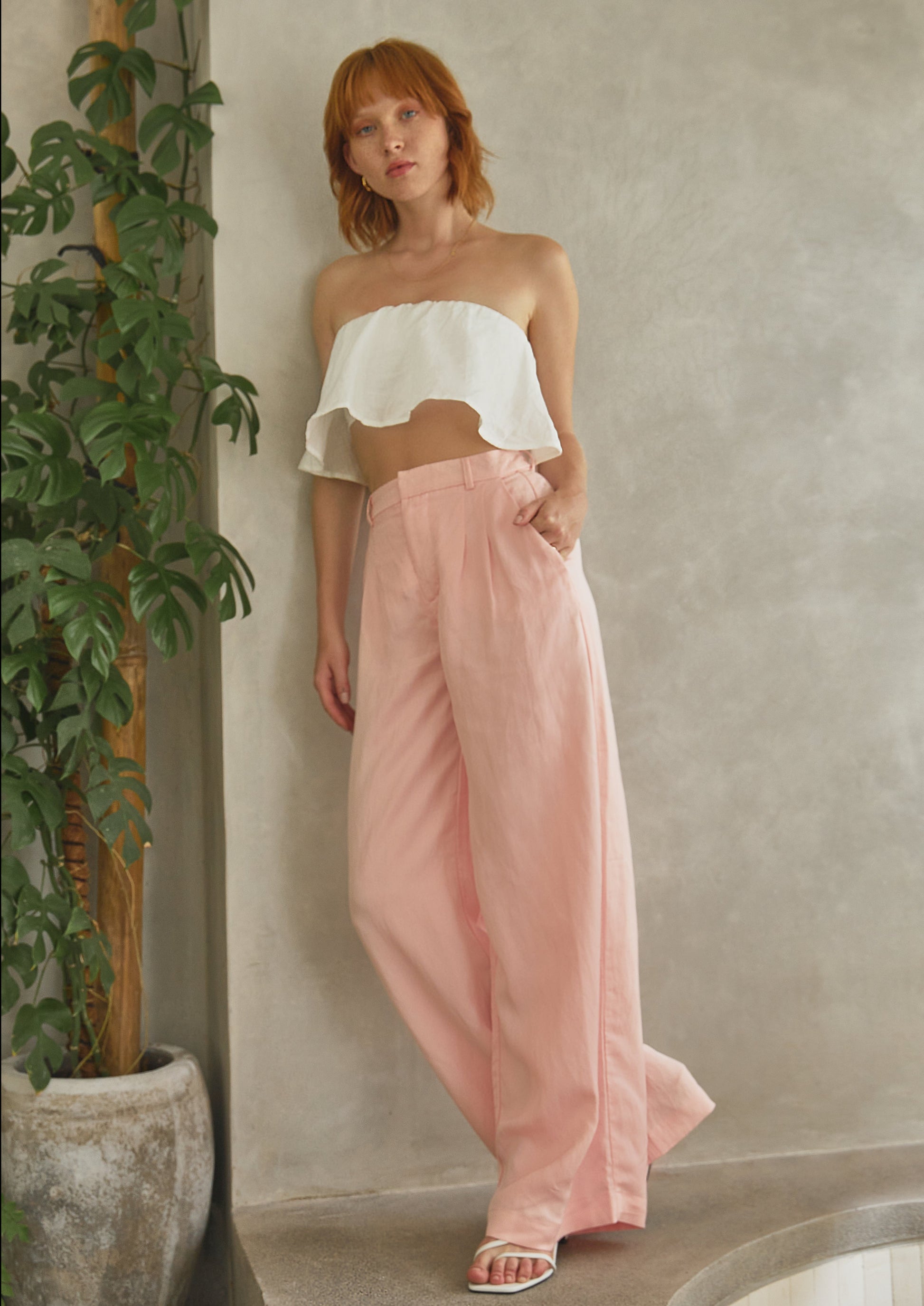 Women's luxury high waisted wide long pants pink