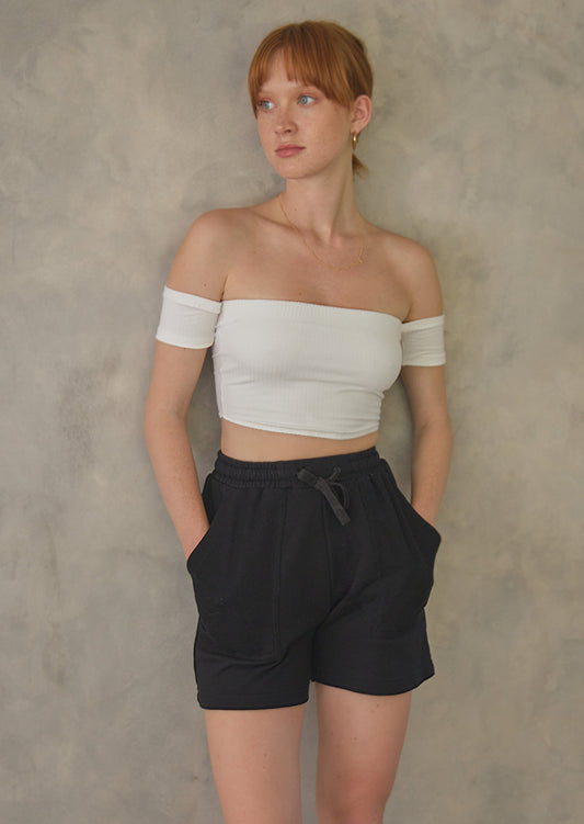 Bandeau off-shoulder style white crop top 