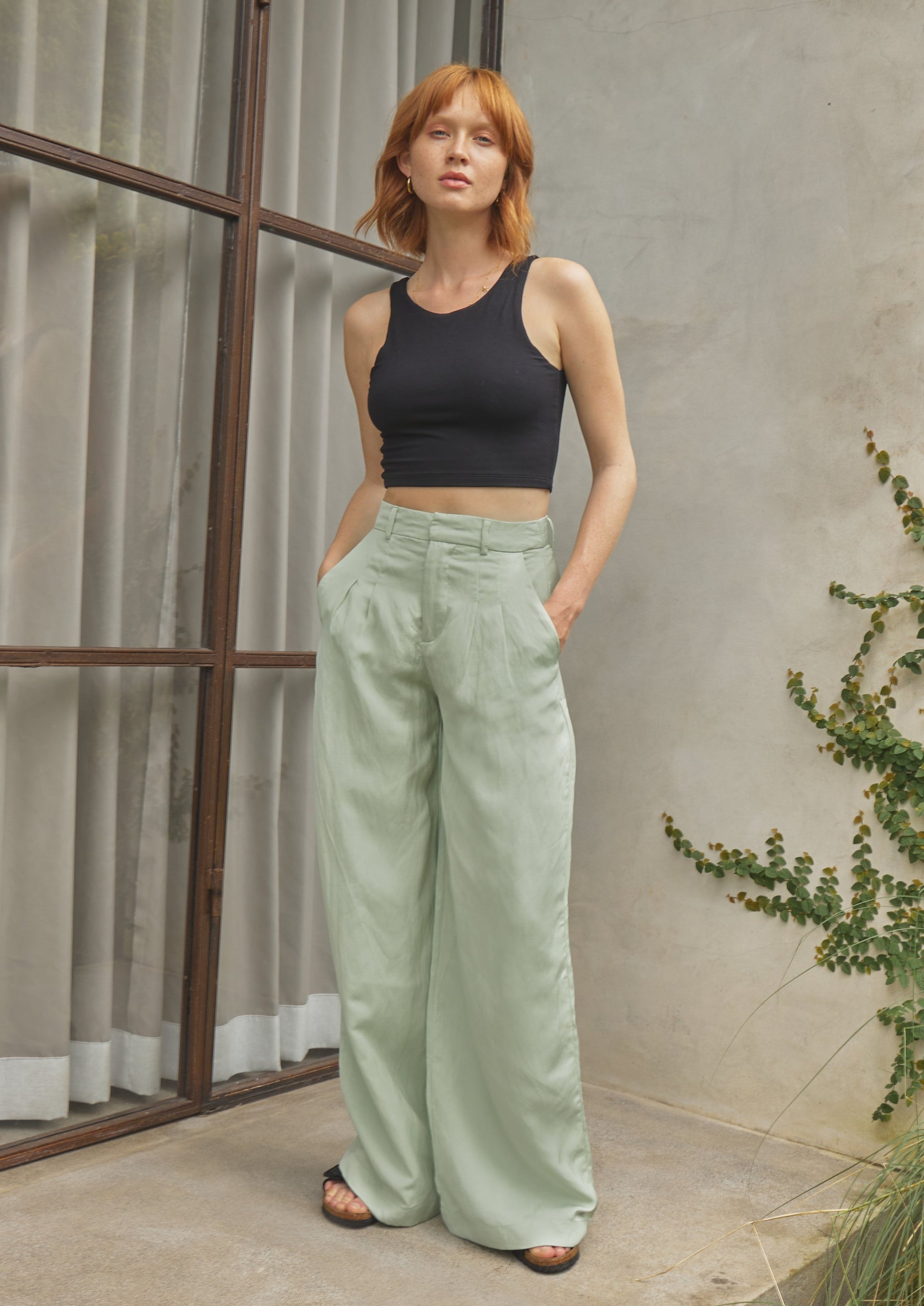 Women's luxury high waisted wide long pants mint green