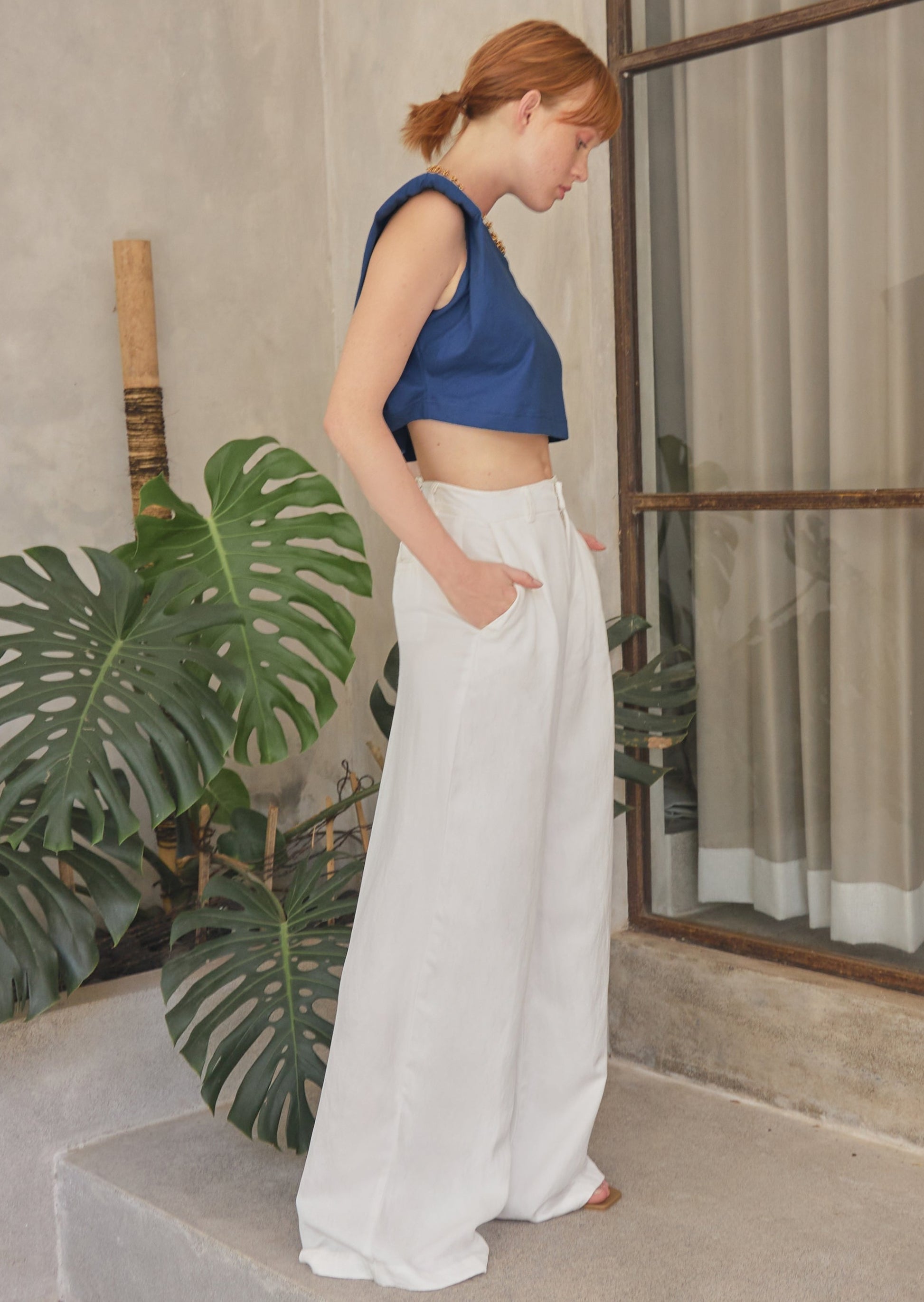 Women's luxury high waisted wide long pants white