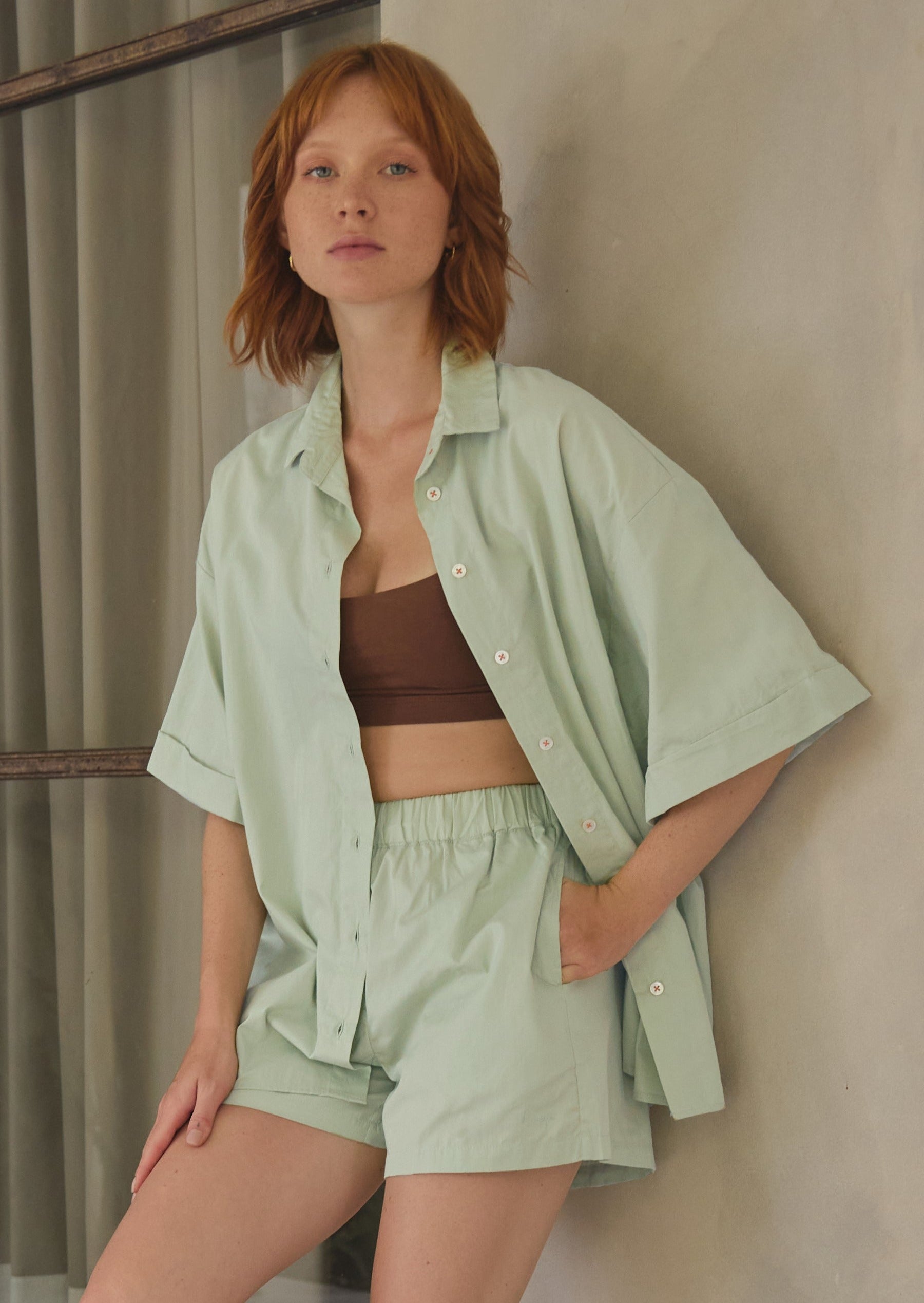 Casual cotton set green oversized shirt and shorts