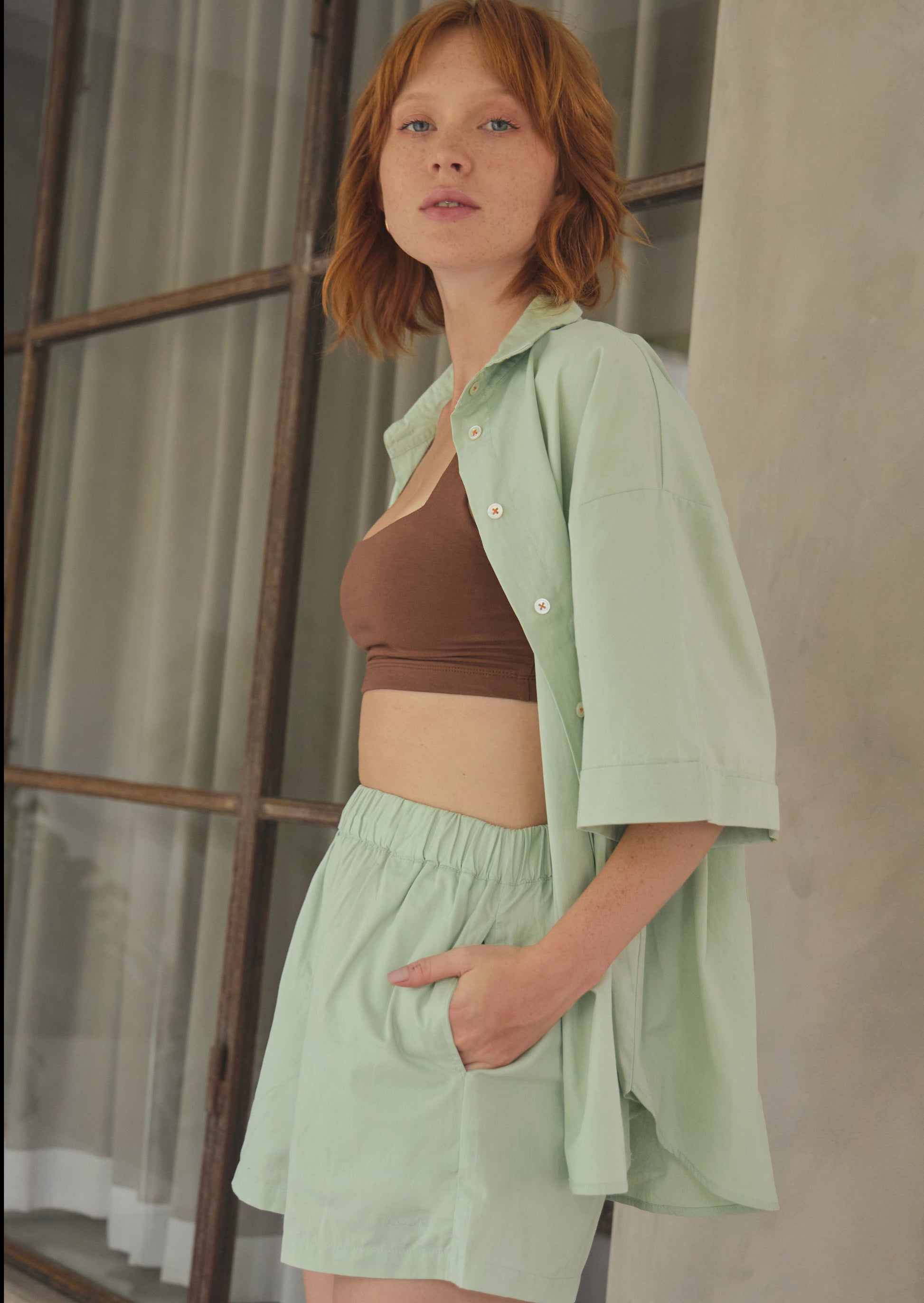 Casual cotton set green oversized shirt and shorts