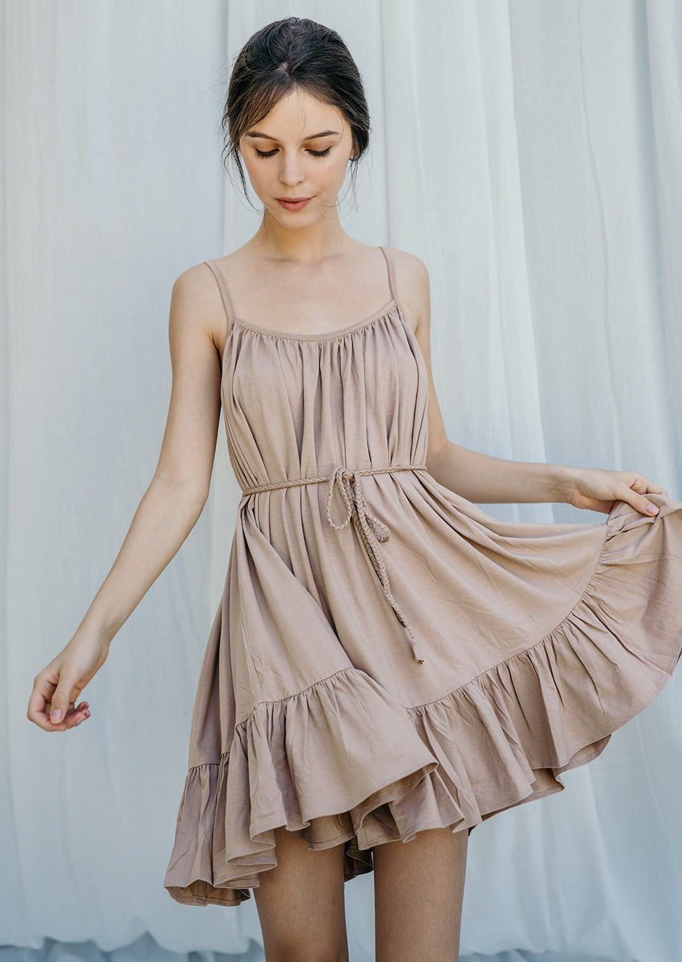 Flowy mini beige sleeveless dress | Sustainable resort wear