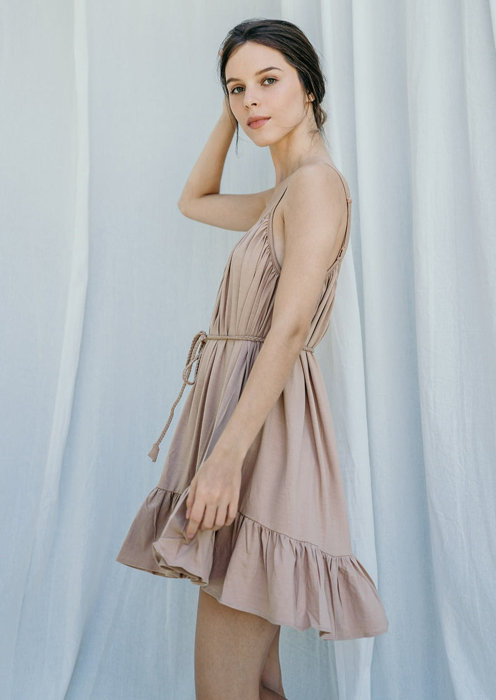 Flowy mini beige sleeveless dress | Sustainable resort wear