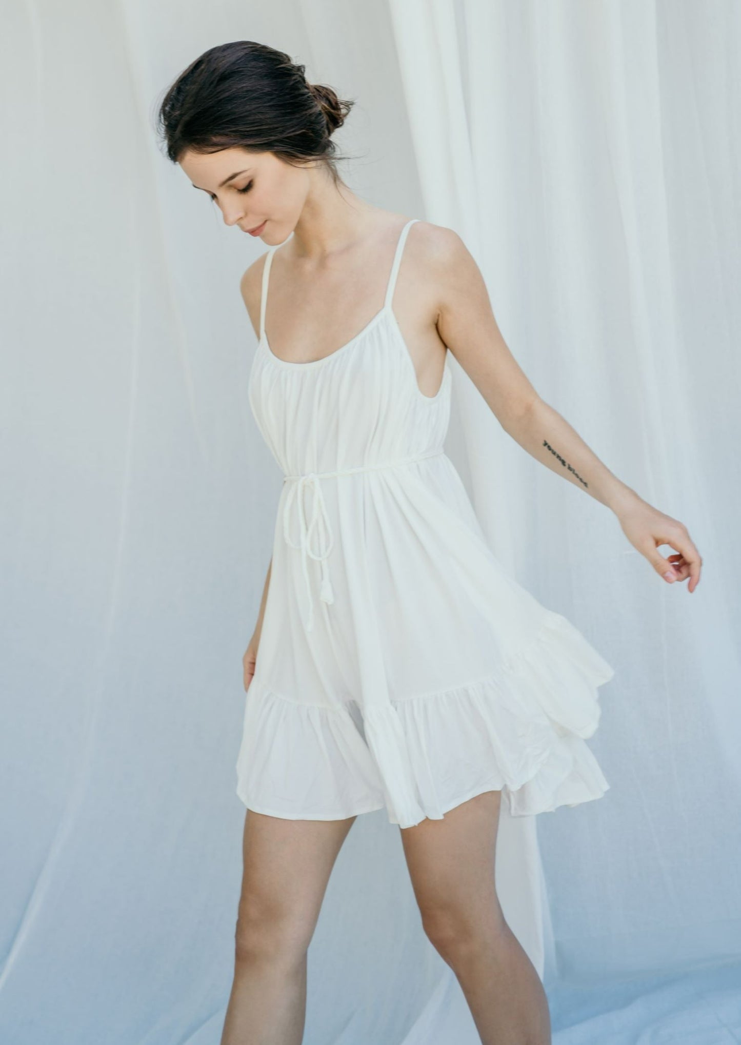 Flowy mini white sleeveless dress | Sustainable resort wear