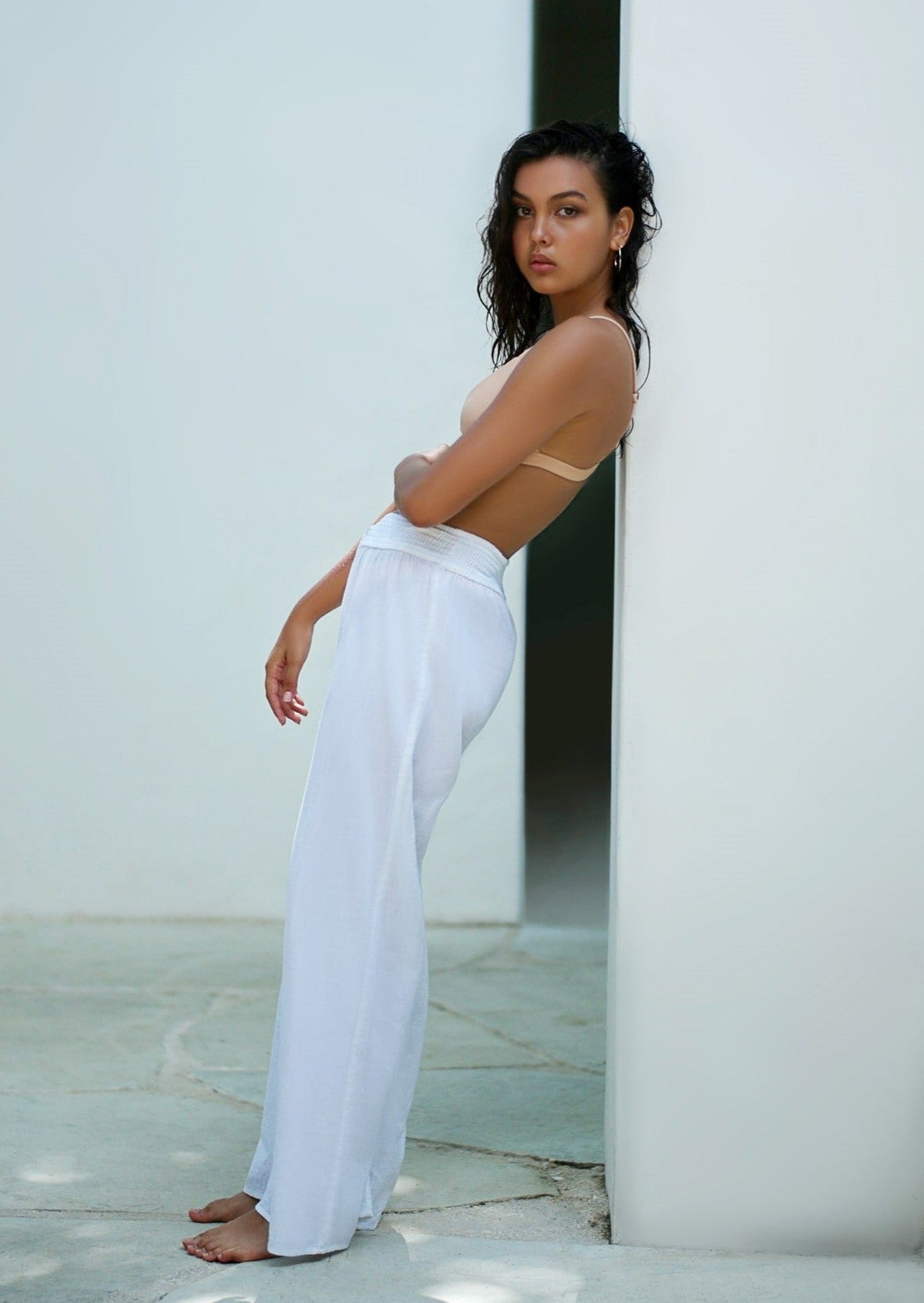 High-waist long straight linen pants white resort wear